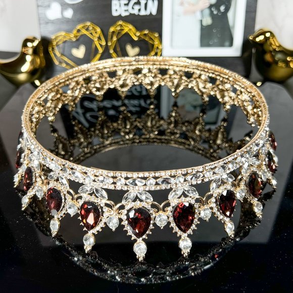 Royal Queen Crown for Women, Wine Red Crystal Wedding Crown, Prom Party XL Crown - Picture 2 of 5